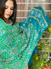 Aqua Green Bandhani Dupatta with Gotapatti Handwork in Pure Silk