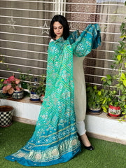 Aqua Green Bandhani Dupatta with Gotapatti Handwork in Pure Silk