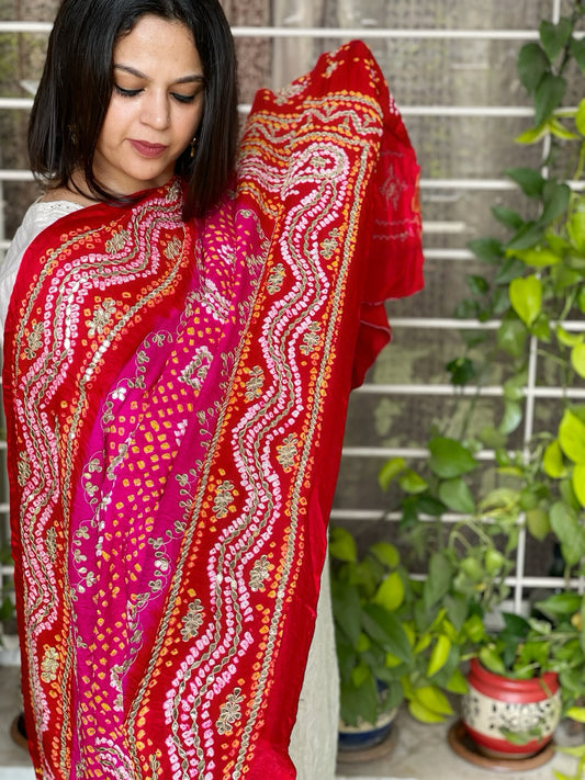 Pink Bandhani Dupatta with Gotapatti Handwork in Pure Silk