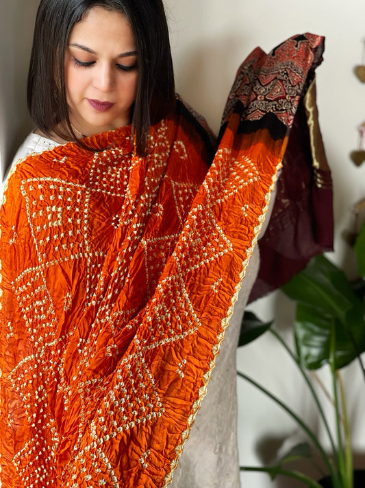 Orange Bandhani with Ajrakh Dupatta in Modal Silk