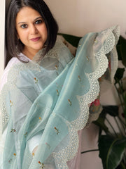 Sky Blue Tissue Organza Dupatta with cross-stitch embroidery