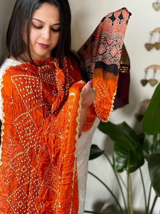 Orange Bandhani with Ajrakh Dupatta in Modal Silk