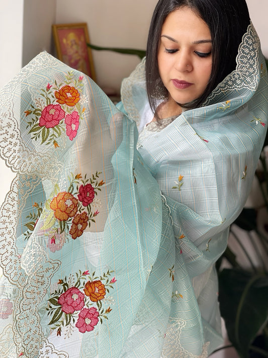 Sky Blue Tissue Organza Dupatta with cross-stitch embroidery
