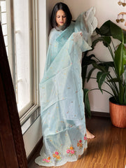 Sky Blue Tissue Organza Dupatta with cross-stitch embroidery