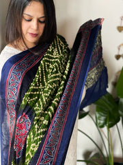 Leaf Green Bandhani with Ajrakh Dupatta in Modal Silk