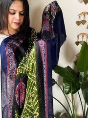 Leaf Green Bandhani with Ajrakh Dupatta in Modal Silk