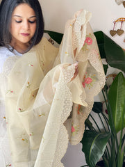 Beige Tissue Organza Dupatta with cross-stitch embroidery