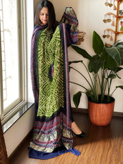 Leaf Green Bandhani with Ajrakh Dupatta in Modal Silk