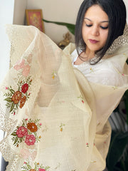 Beige Tissue Organza Dupatta with cross-stitch embroidery