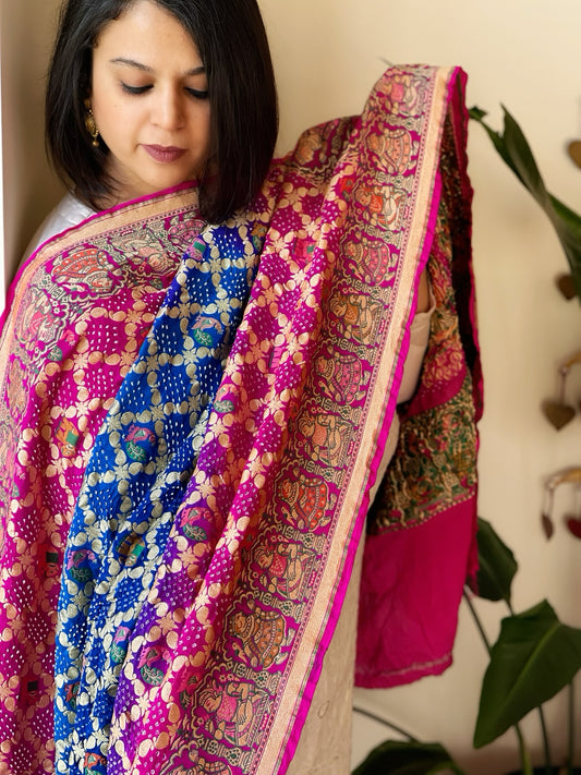 Pink, Blue Rai Bandhej Dupatta with Meenakari Jaal design in Georgette