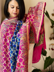 Pink, Blue Rai Bandhej Dupatta with Meenakari Jaal design in Georgette