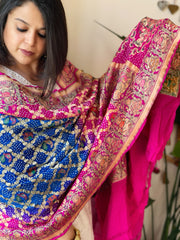 Pink, Blue Rai Bandhej Dupatta with Meenakari Jaal design in Georgette