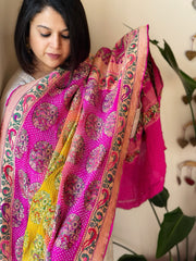 Pink, Yellow Rai Bandhej Dupatta with Meenakari Jaal design in Georgette