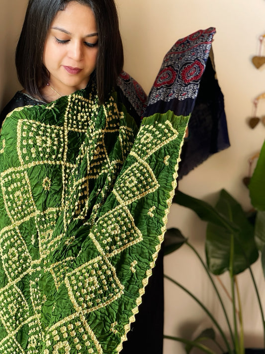 Green Bandhani with Ajrakh Dupatta in Modal Silk