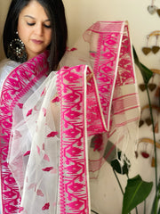 Pink, White Handwoven Jamdani Dupatta in Pure Muslin