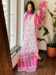 Pink, White Handwoven Jamdani Dupatta in Pure Muslin