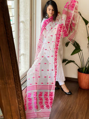 Pink, White Handwoven Jamdani Dupatta in Pure Muslin