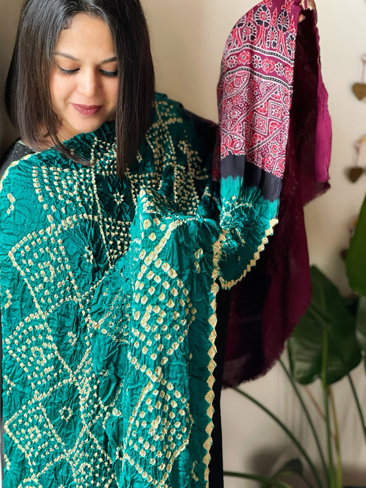 Rama Green Bandhani with Ajrakh Dupatta in Modal Silk