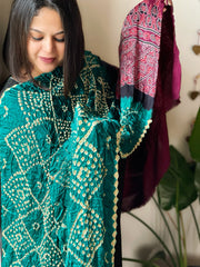 Rama Green Bandhani with Ajrakh Dupatta in Modal Silk