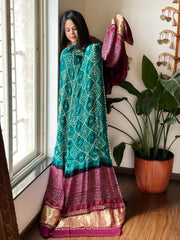 Rama Green Bandhani with Ajrakh Dupatta in Modal Silk