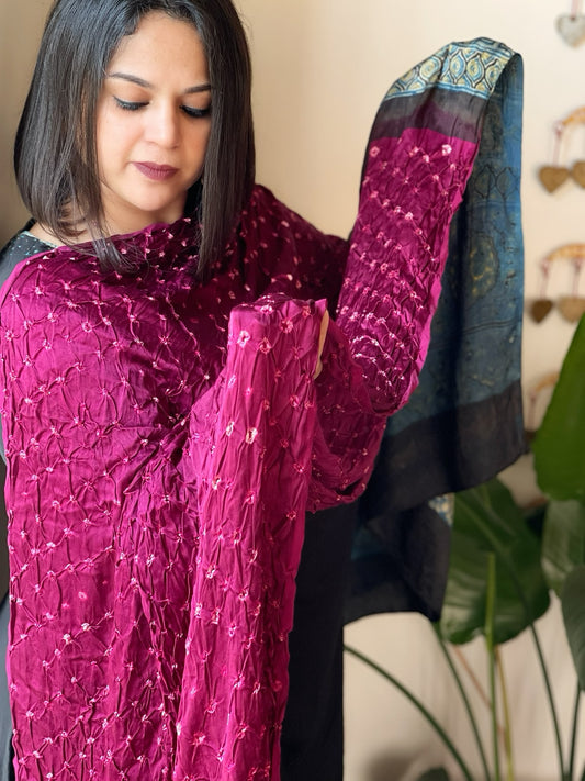 Wine Bandhani with Ajrakh Dupatta in Modal Silk