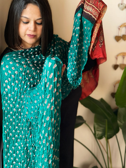 Rama Green Bandhani with Ajrakh Dupatta in Modal Silk