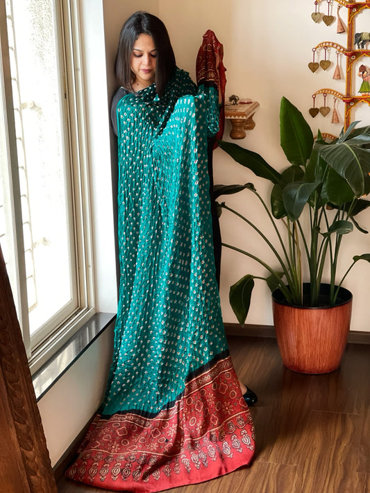 Rama Green Bandhani with Ajrakh Dupatta in Modal Silk