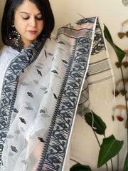 Black, White Handwoven Jamdani Dupatta in Pure Muslin