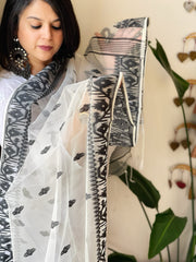 Black, White Handwoven Jamdani Dupatta in Pure Muslin