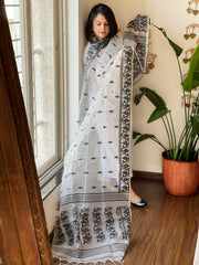 Black, White Handwoven Jamdani Dupatta in Pure Muslin