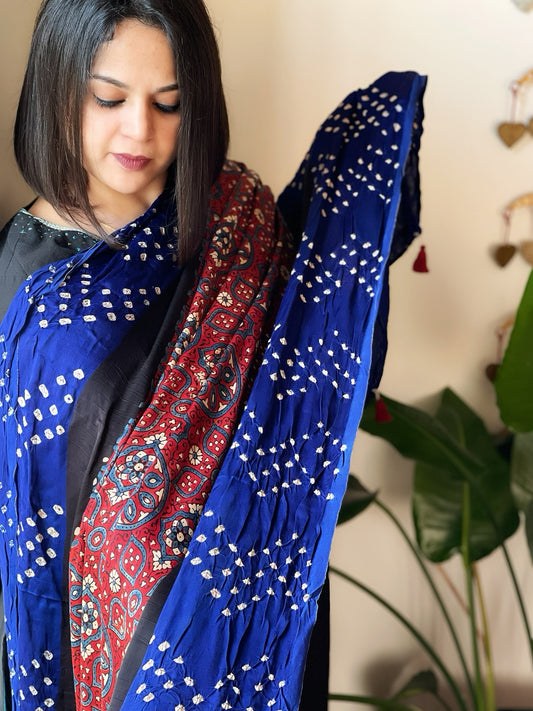 Maroon Bandhani with Ajrakh Dupatta in Modal Silk