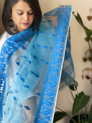 Lite Sky Blue Handwoven Jamdani Dupatta in Pure Muslin