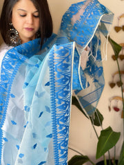 Lite Sky Blue Handwoven Jamdani Dupatta in Pure Muslin