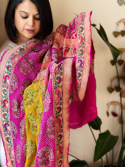 Pink, Yellow Rai Bandhej Dupatta with Meenakari Jaal design in Georgette