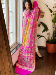 Pink, Yellow Rai Bandhej Dupatta with Meenakari Jaal design in Georgette