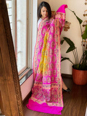 Pink, Yellow Rai Bandhej Dupatta with Meenakari Jaal design in Georgette