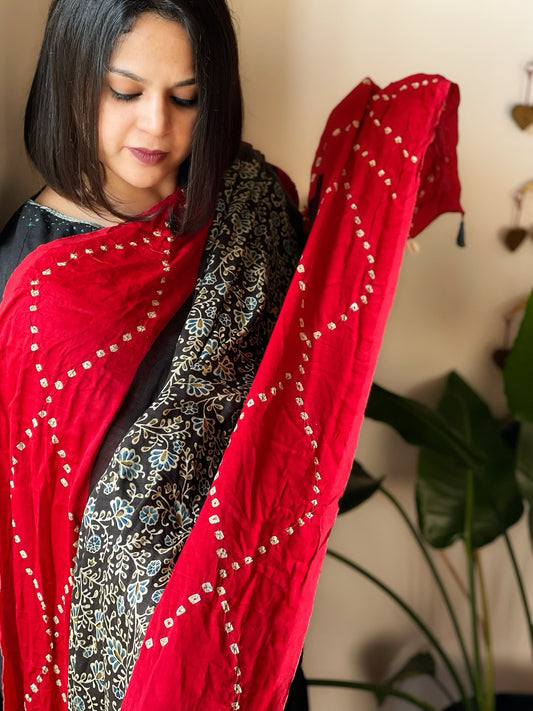 Black Bandhani with Ajrakh Dupatta in Modal Silk