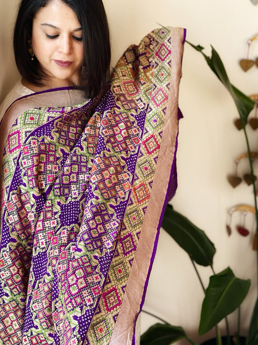 Purple Rai Bandhej Dupatta with Meenakari Jaal design in Georgette