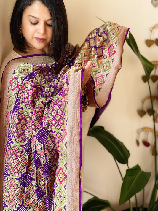 Purple Rai Bandhej Dupatta with Meenakari Jaal design in Georgette