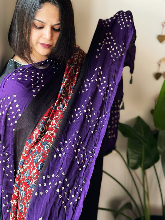 Rust Bandhani with Ajrakh Dupatta in Modal Silk