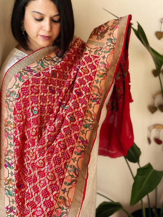 Red Rai Bandhej Dupatta with Meenakari Jaal design in Georgette