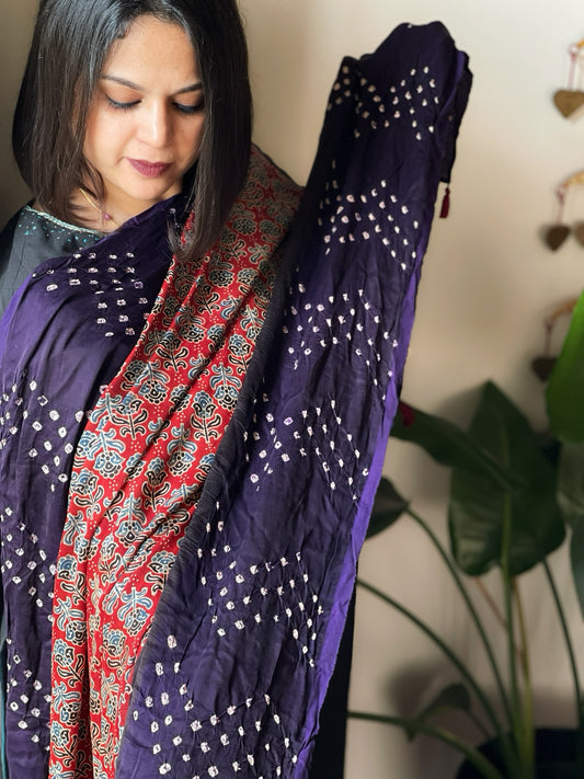 Rust Bandhani with Ajrakh Dupatta in Modal Silk