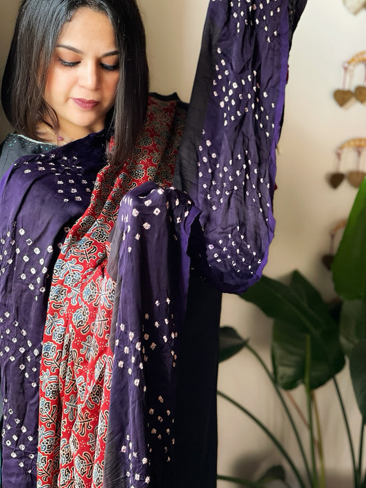 Rust Bandhani with Ajrakh Dupatta in Modal Silk