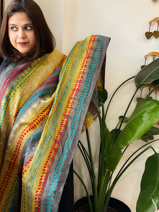 Yellow, Charcoal Grey Handmade Kantha Dupatta in Silk