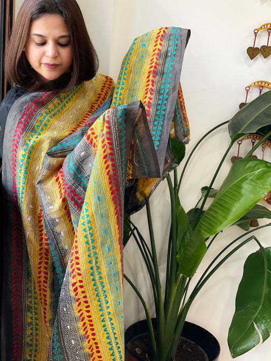 Yellow, Charcoal Grey Handmade Kantha Dupatta in Silk