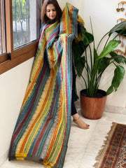 Yellow, Charcoal Grey Handmade Kantha Dupatta in Silk