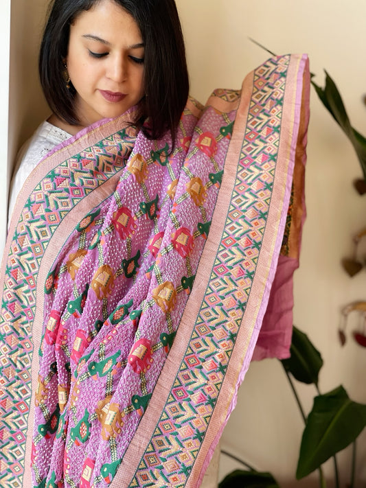 Purplish Pink Rai Bandhej Dupatta with Meenakari Jaal design in Georgette