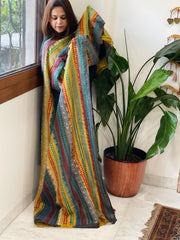 Yellow, Charcoal Grey Handmade Kantha Dupatta in Silk