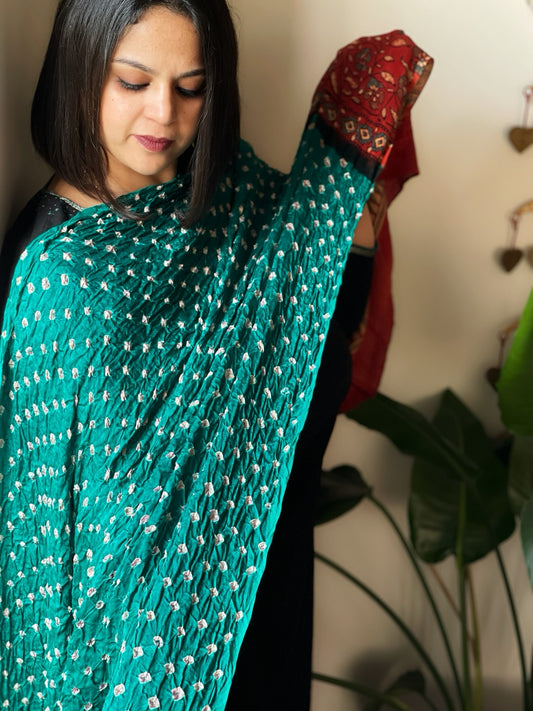 Rama Green Bandhani with Ajrakh Dupatta in Modal Silk