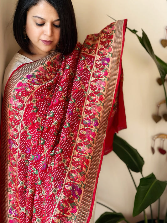 Red Rai Bandhej Dupatta with Meenakari Jaal design in Georgette